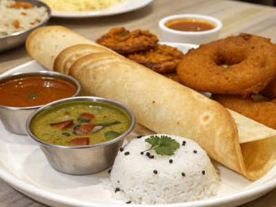 south-indian-food-in-a-plate-with-dosa-in-cone-sha